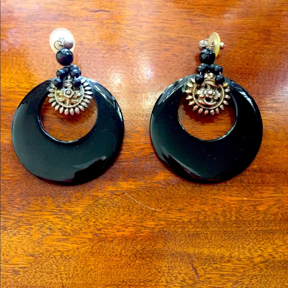 Onyx and Carved Antique Silver Earrings